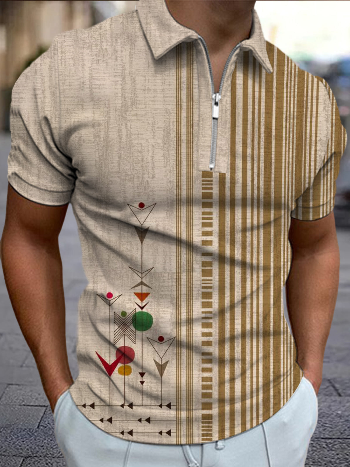 Geometric Stripe Print Men's Short Sleeve Zipper Polo