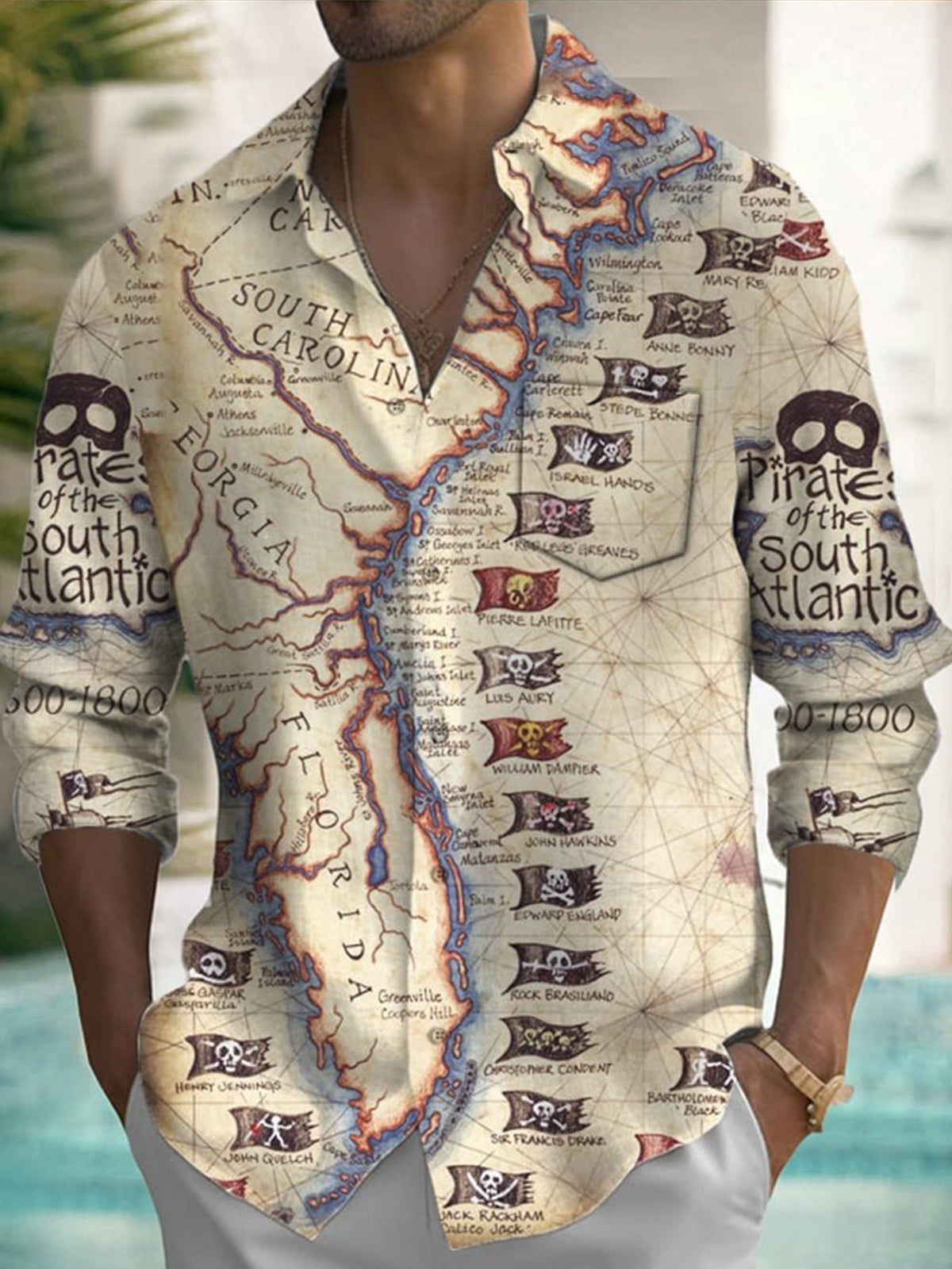 Map Print Long Sleeve Men's Shirts With Pocket