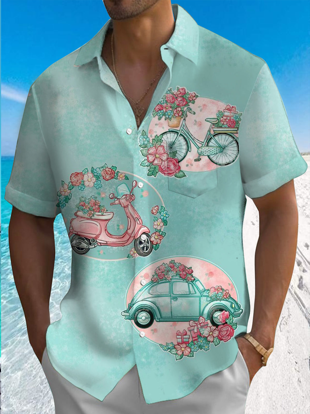 Car Floral Print Short Sleeve Men's Shirts With Pocket