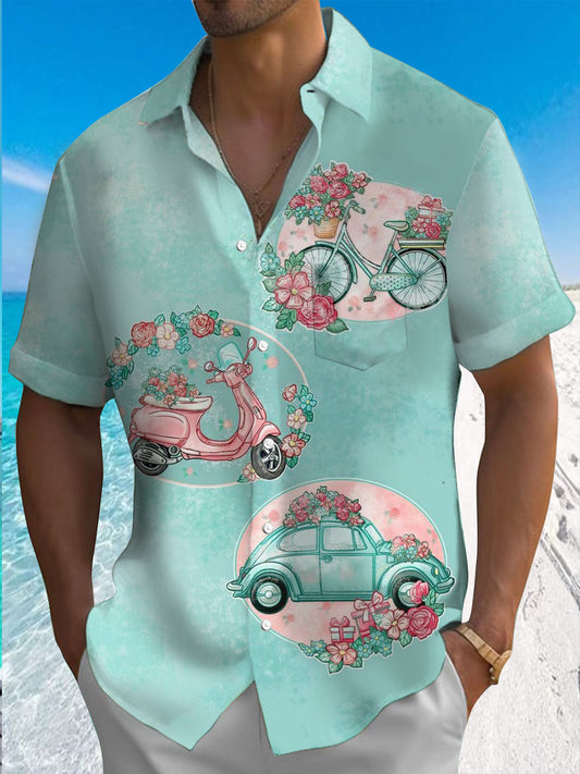 Car Floral Print Short Sleeve Men's Shirts With Pocket
