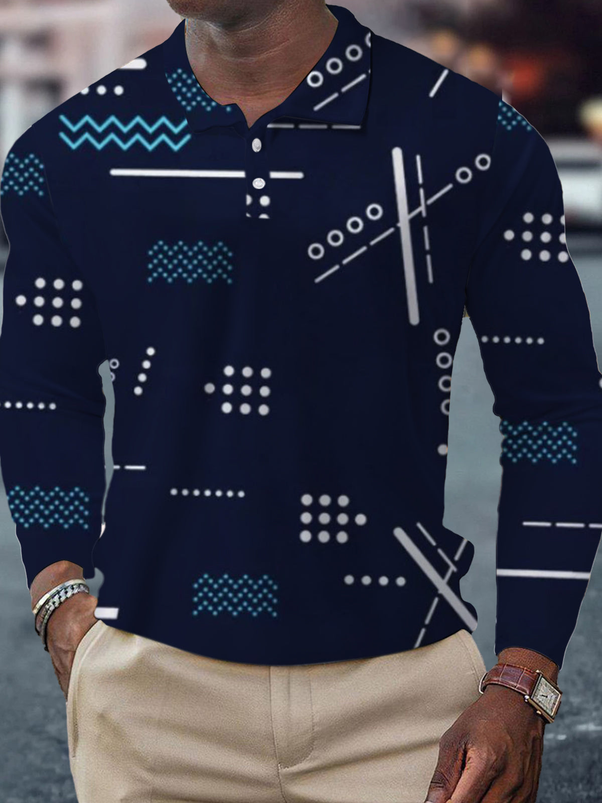 Geometric Print Men's Long Sleeve Button Polo