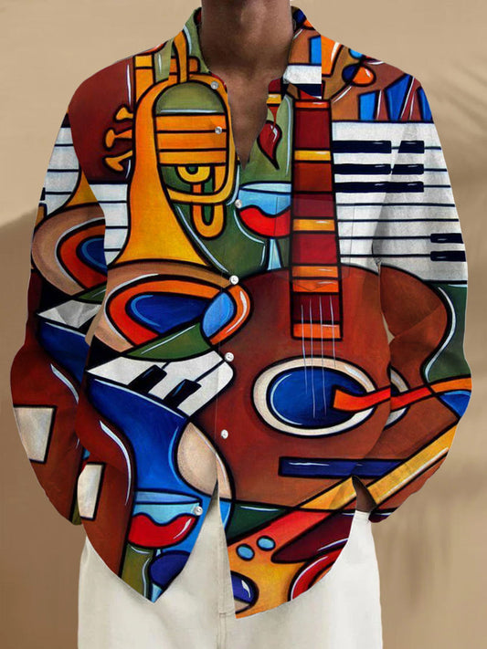 Musical Instrument Print Long Sleeve Men's Shirts With Pocket