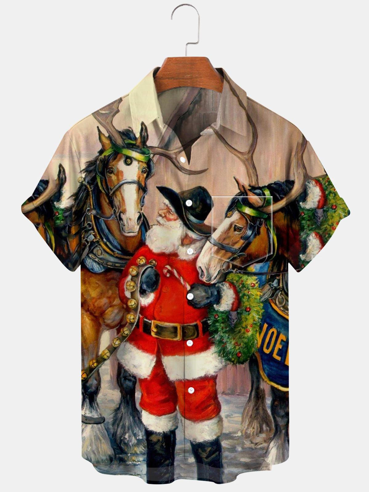 Santa Claus Horse Short Sleeve Men's Shirts With Pocket