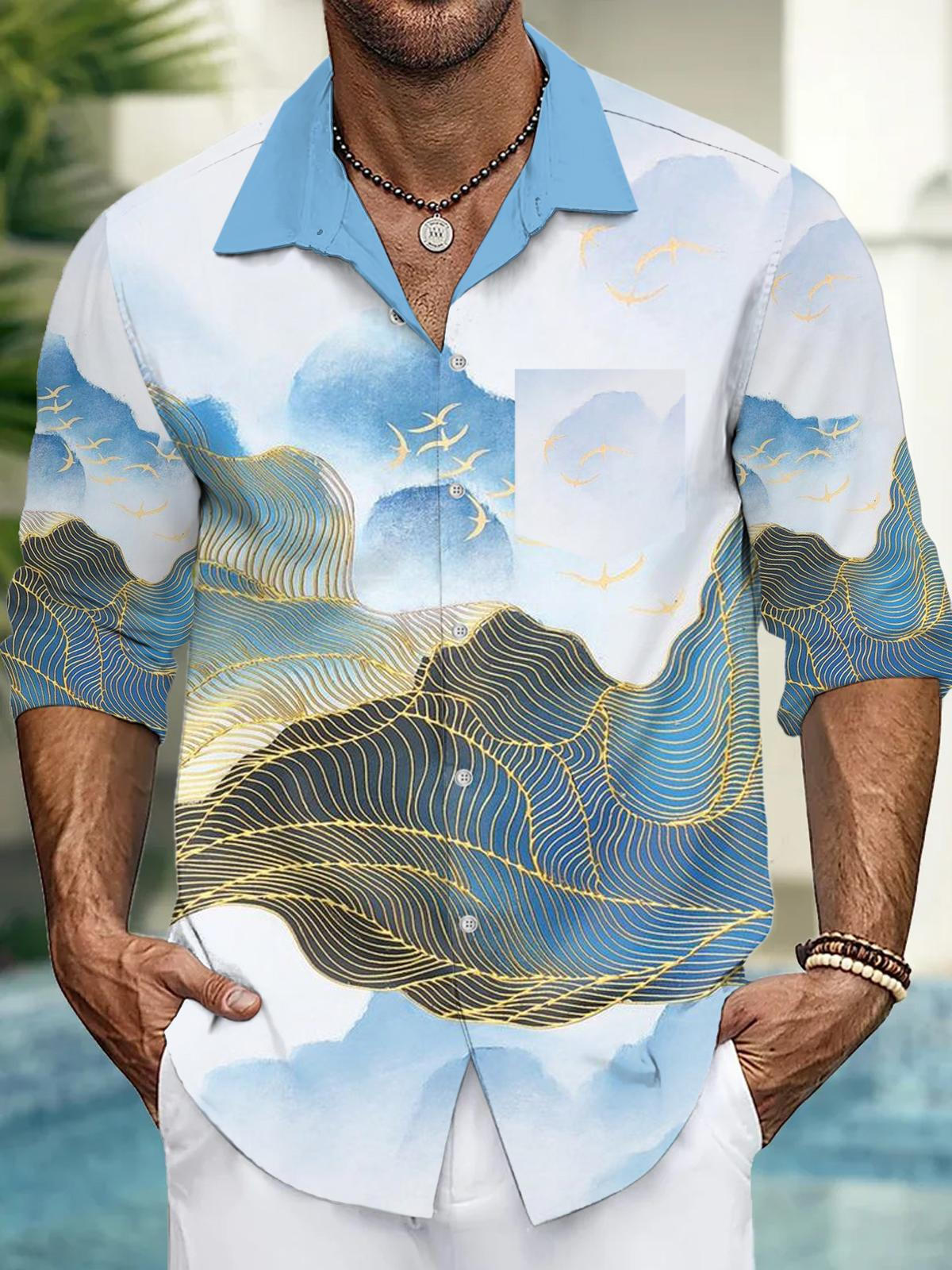 Gradient Color Simple Landscape Print Lapel Men's Long Sleeve Shirt