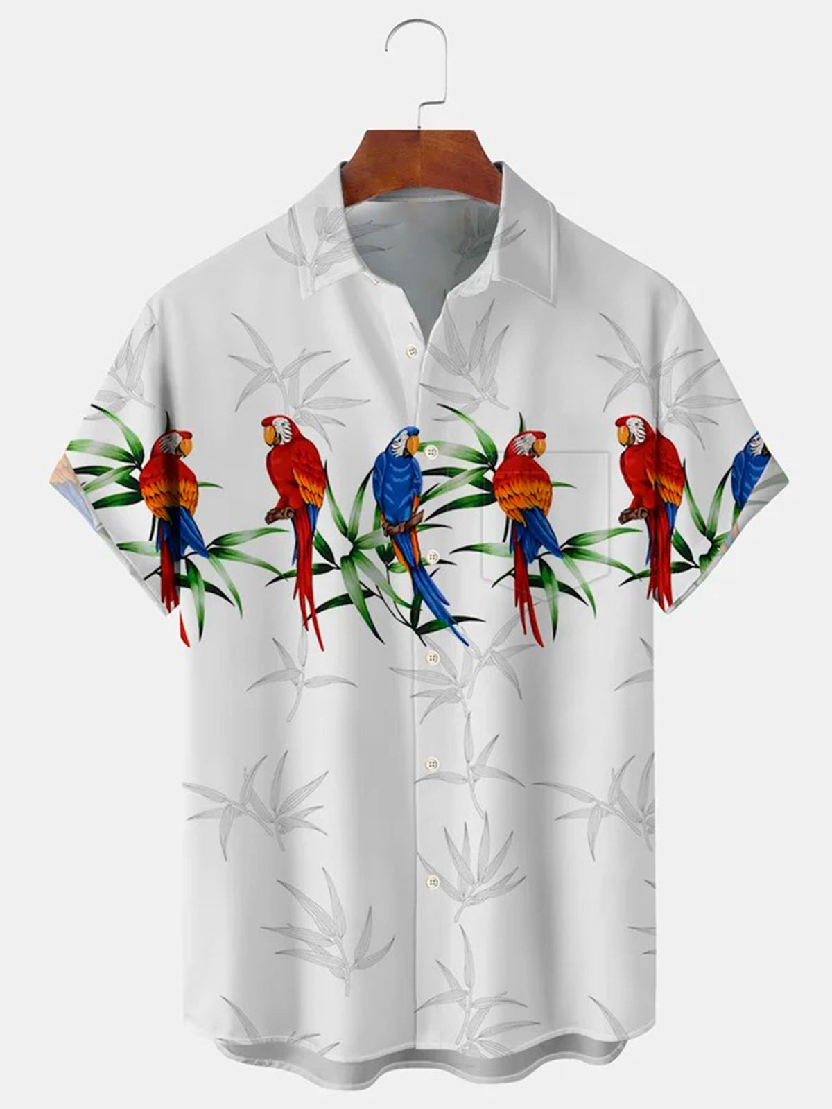 Hawaiian Parrot Leaf Print Short Sleeve Men's Shirts With Pocket