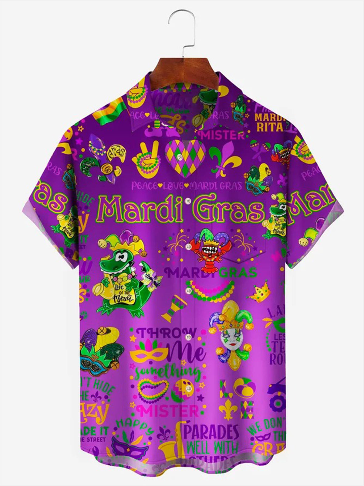 Mardi Gras Holiday Purple Hawaiian Stretch Short Sleeve Men's Shirts With Pocket