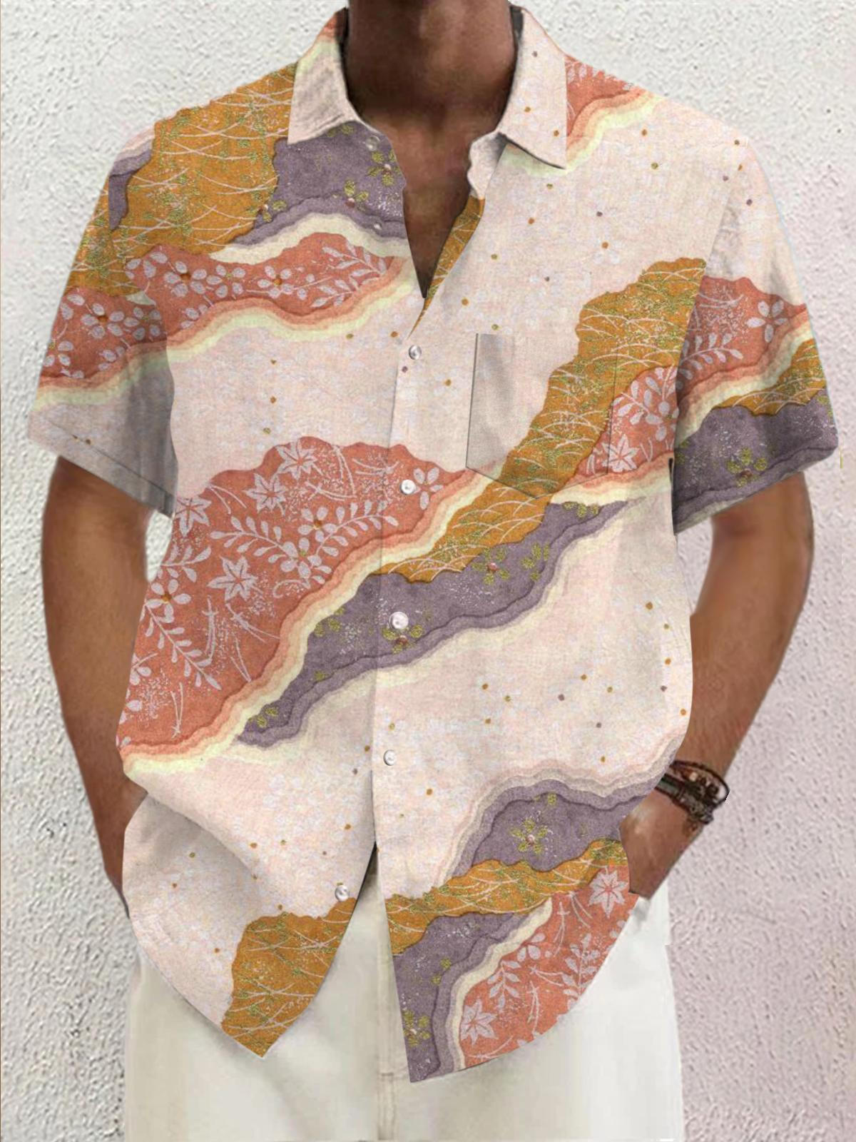 Floral Print Short Sleeve Men's Shirts With Pocket