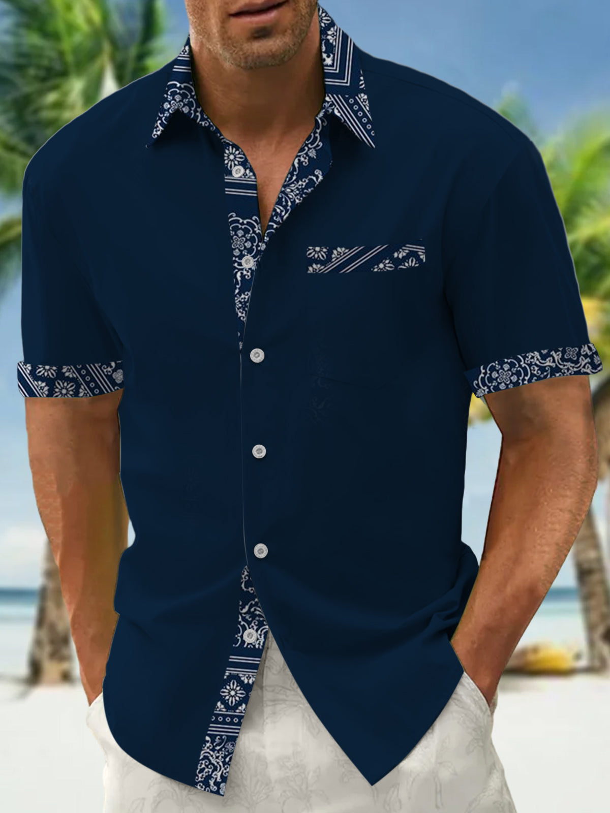 Retro Ethnic Print Short Sleeve Men's Shirts With Pocket