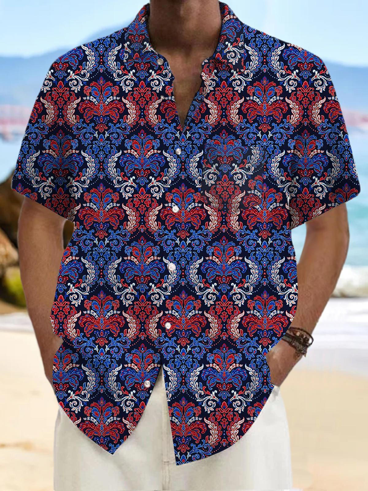 Flower Short Sleeve Men's Shirts With Pocket