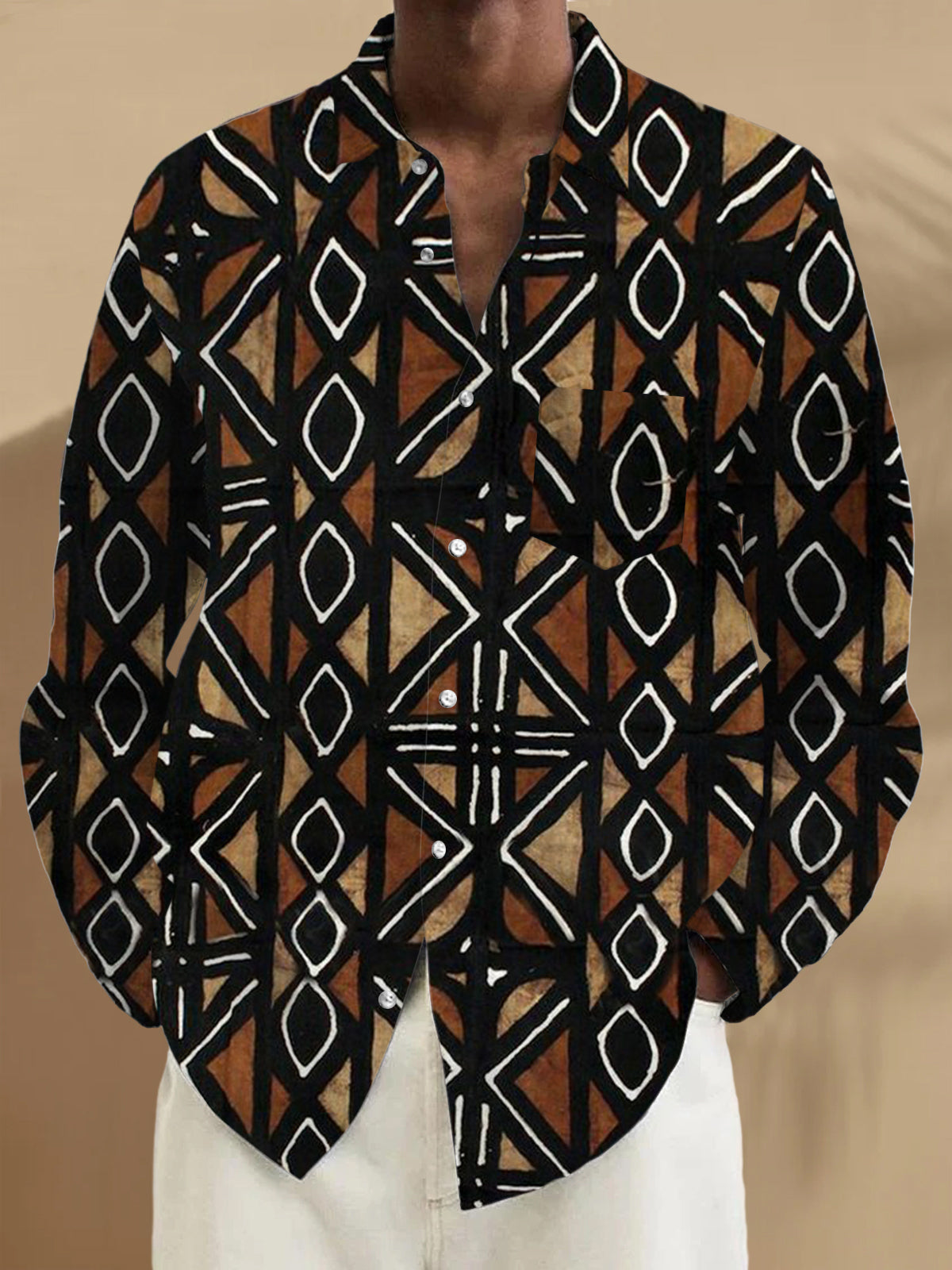 Ethnic Geometric Print Long Sleeve Men's Shirts With Pocket