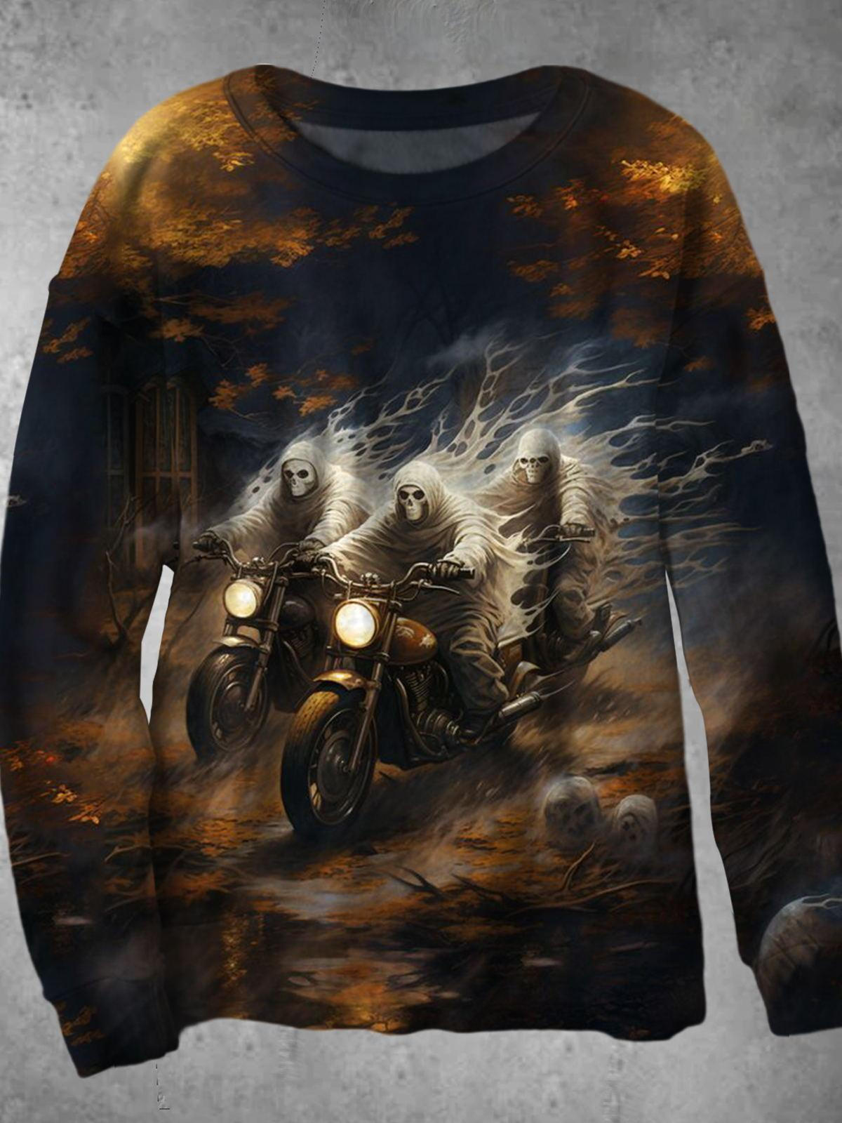 Skull Motorcycle Print Round Neck Long Sleeve Men's Top