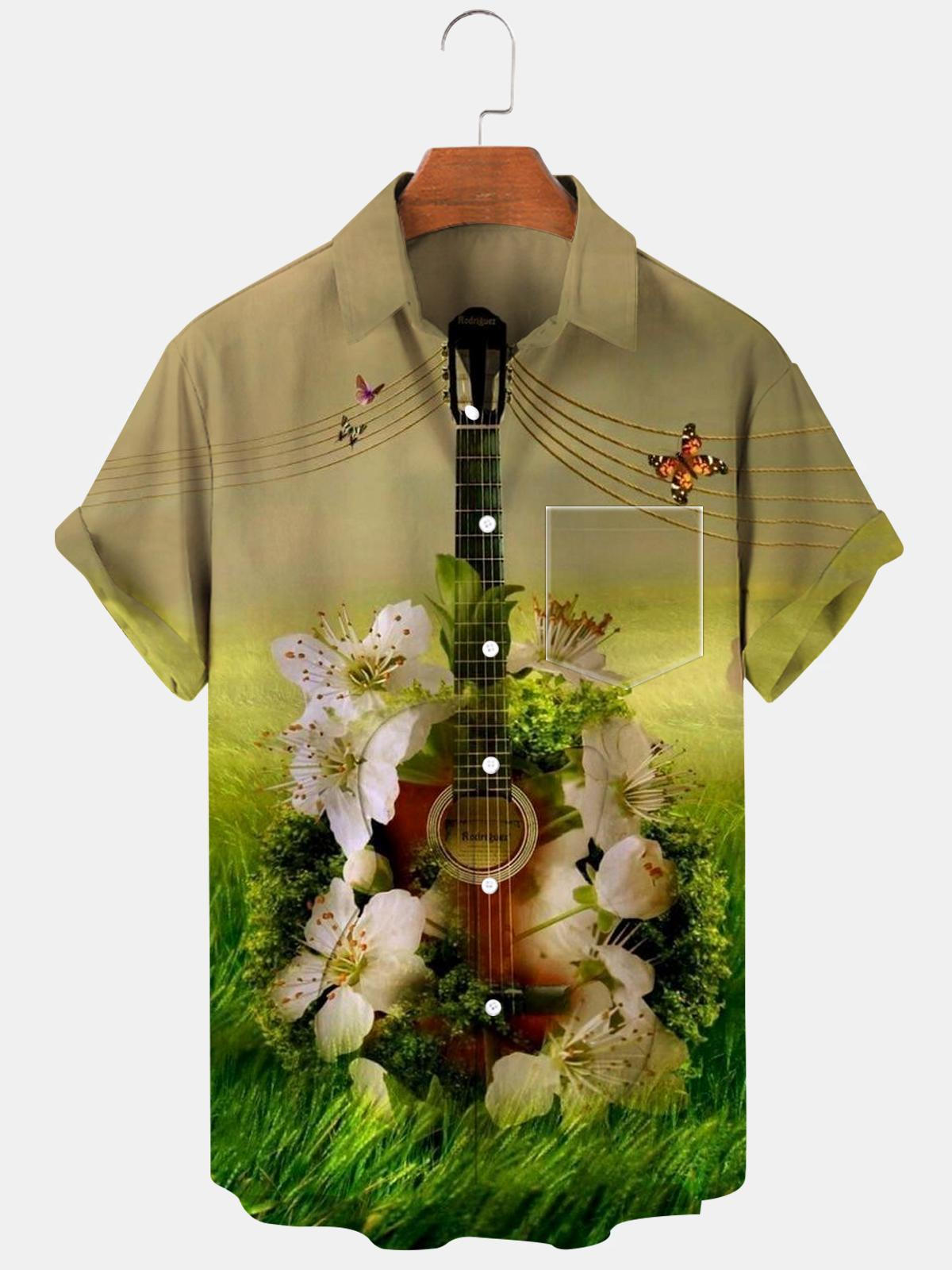 Guitar Flower Butterfly Short Sleeve Men's Shirts With Pocket