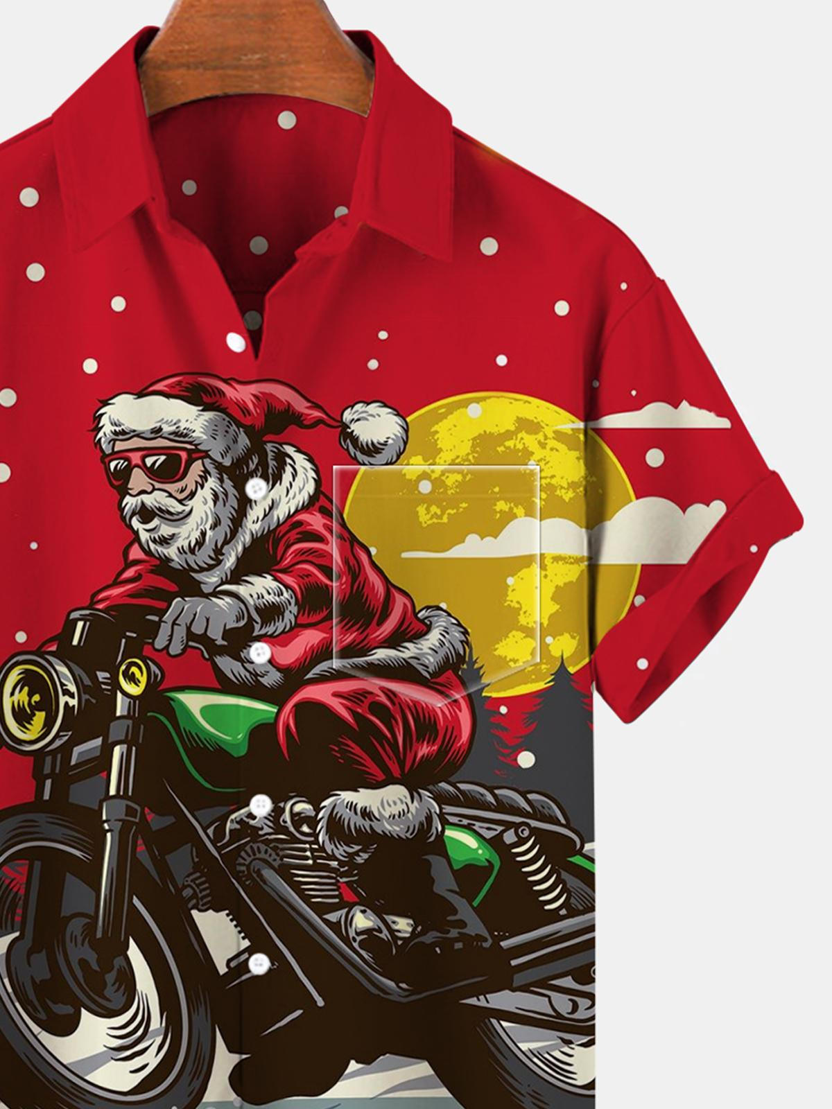 Weihnachtsmann-Motorrad-Kurzarm-Herrenhemden mit Tasche