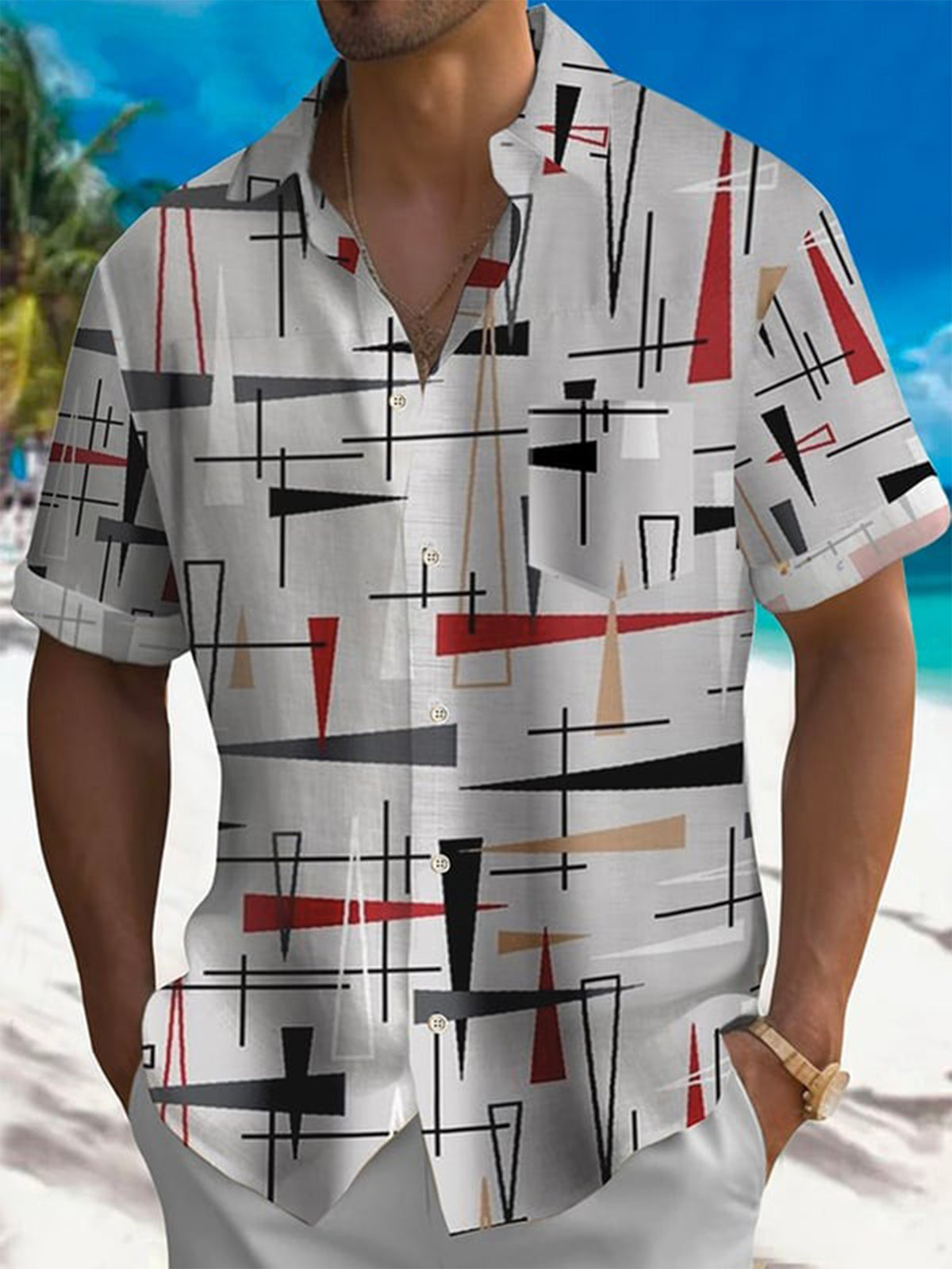 Leisure Holiday Geometric Print Short Sleeve Men's Shirts With Pocket