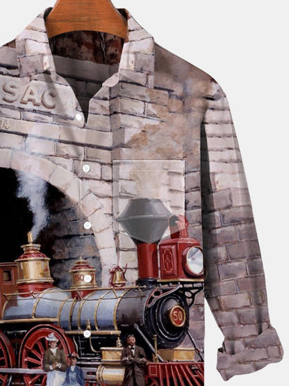 Steam Train Long Sleeve Men's Shirts With Pocket