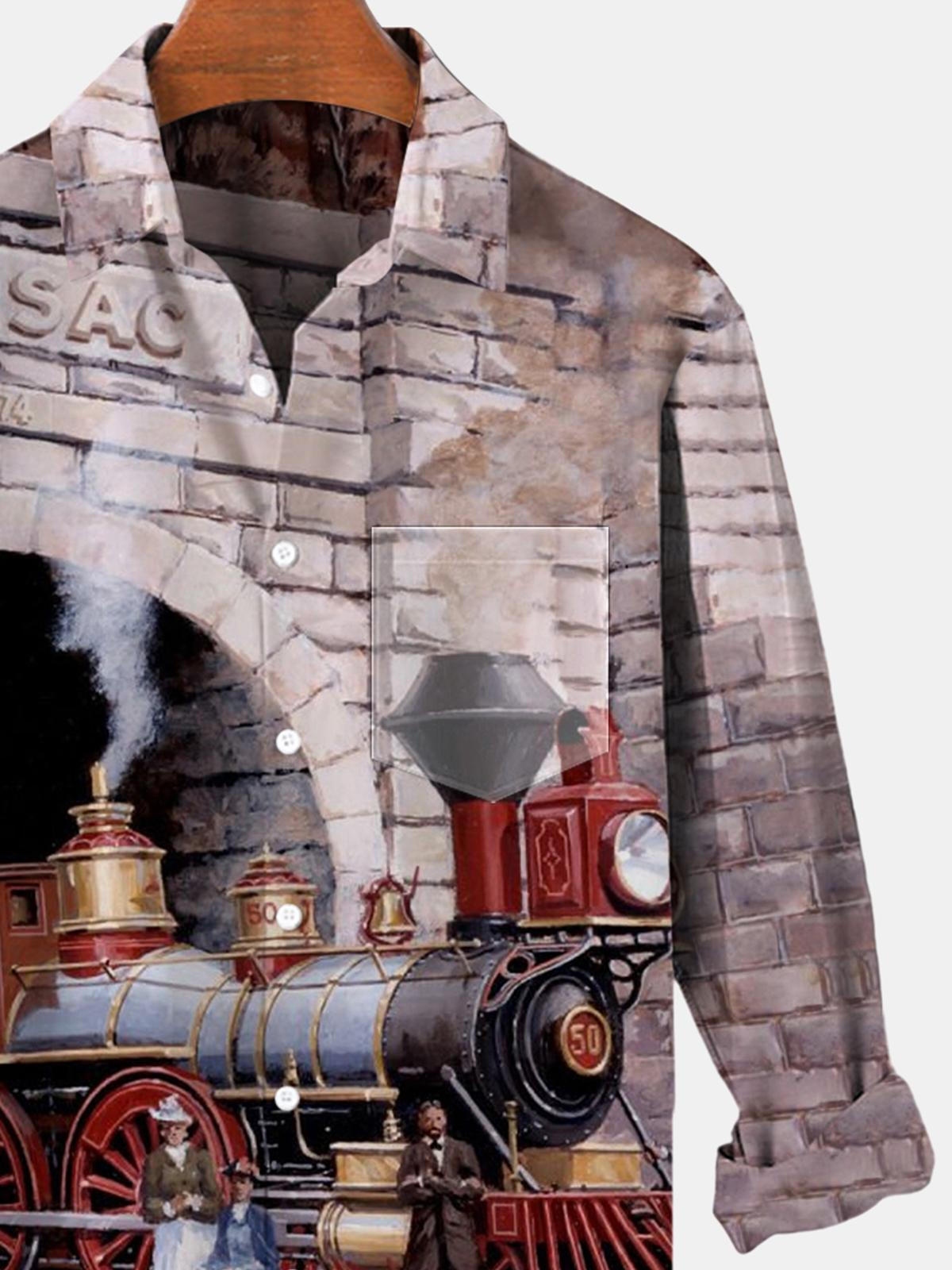 Steam Train Long Sleeve Men's Shirts With Pocket