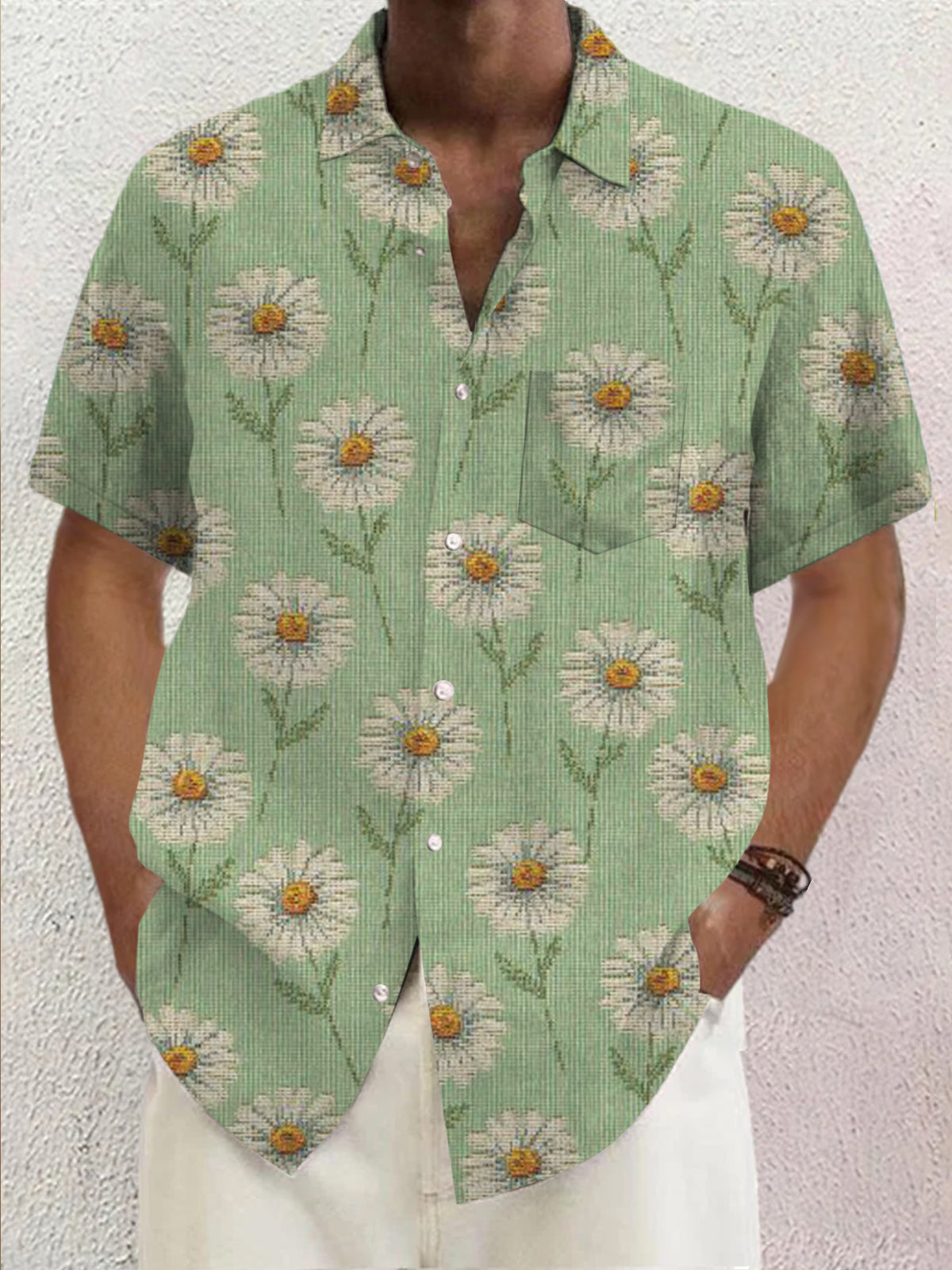 Daisy Print Short Sleeve Men's Shirts With Pocket