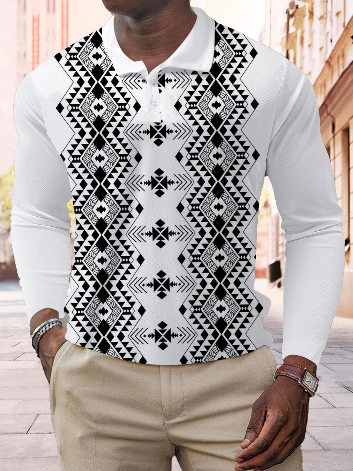 Retro Geometric Print Men's Long Sleeve Button Polo