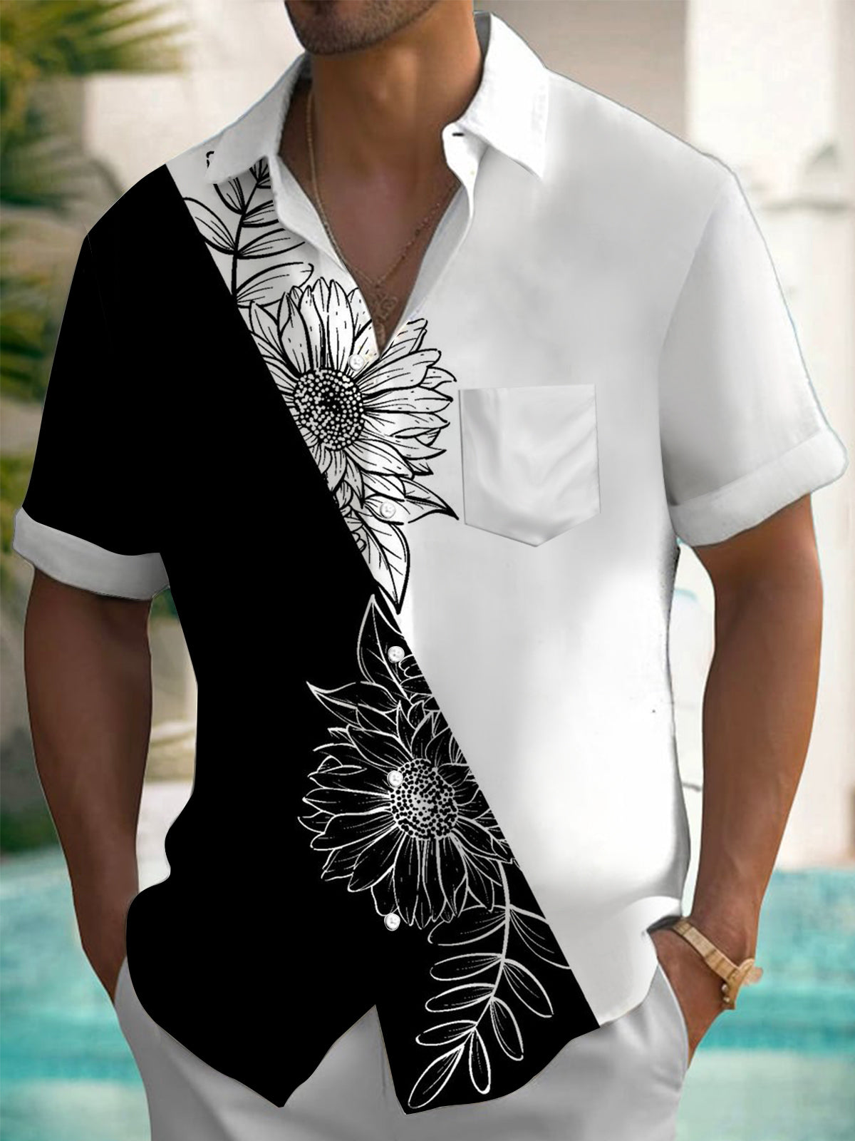 Black White Contrast Floral Print Short Sleeve Men's Shirts With Pocket