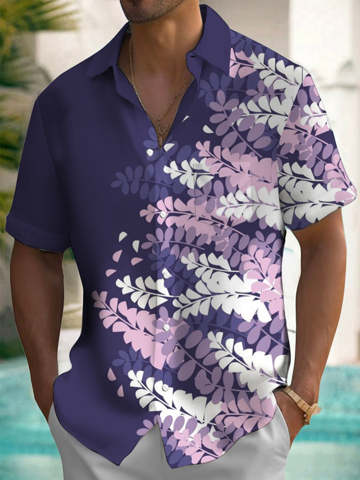 Plant Leaf Print Short Sleeve Men's Shirts With Pocket