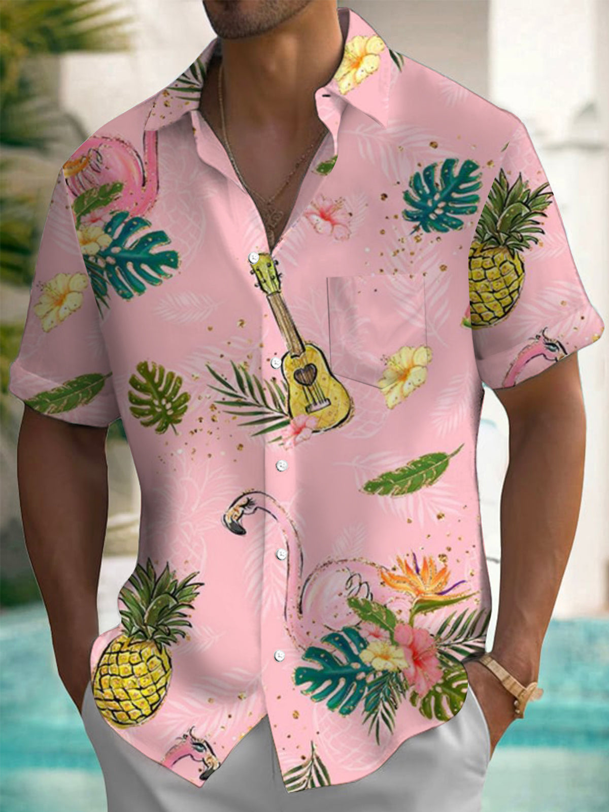 Hawaiian Floral Flamingo Guitar Print Short Sleeve Men's Shirts With Pocket