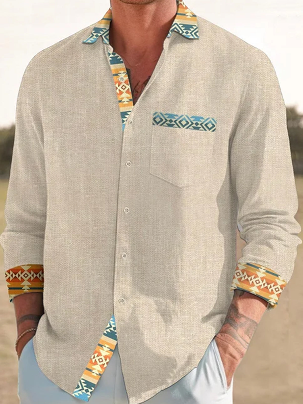 Casual Ethnic Printed Lapel Long Sleeve Men's Shirt