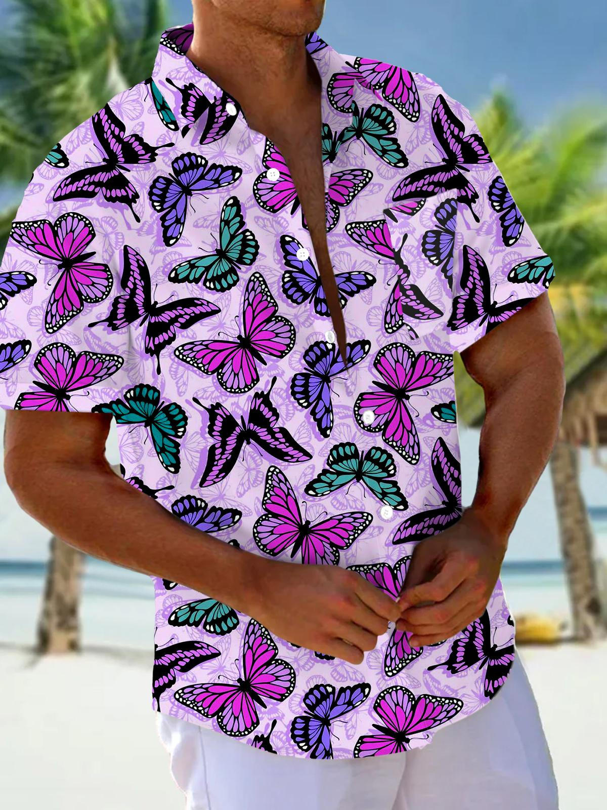 Hawaiian Butterfly Short Sleeve Men's Shirts With Pocket