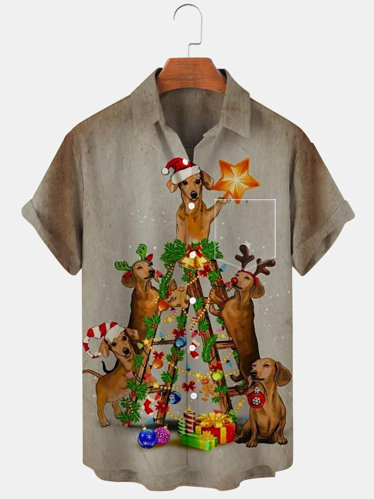 Christmas Tree Dog Short Sleeve Men's Shirts With Pocket