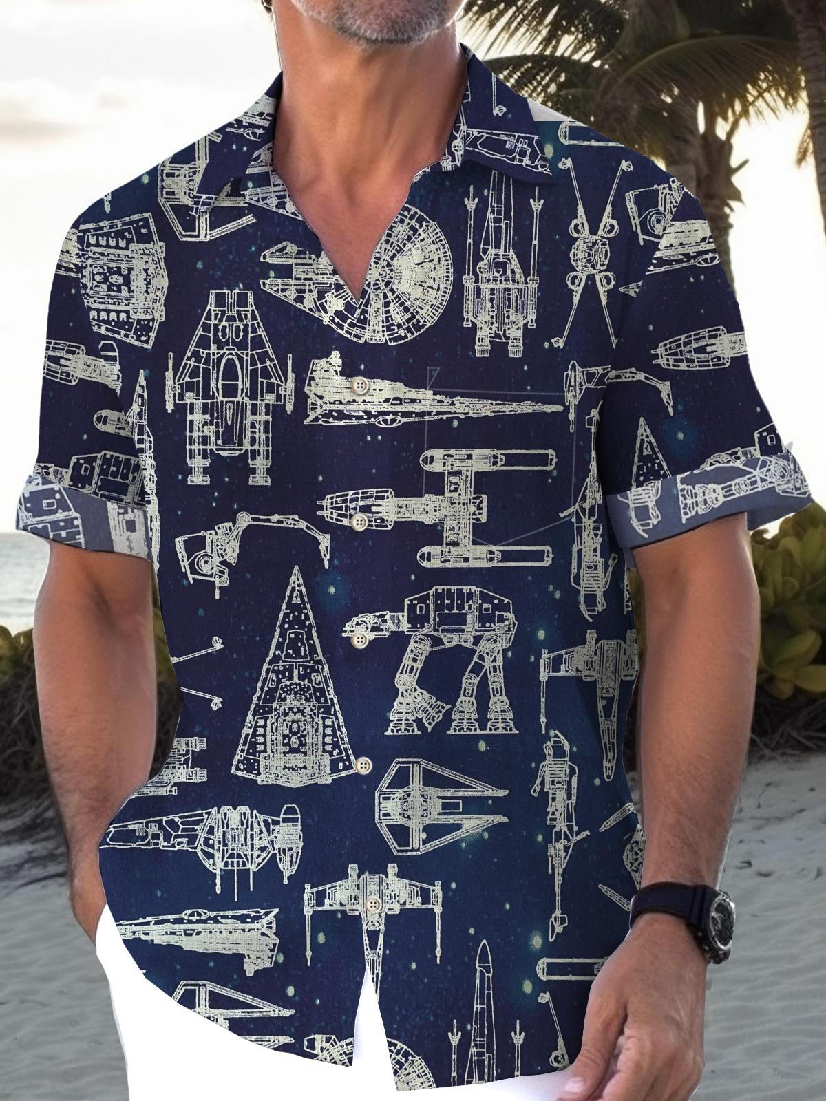 Universe Spaceship Space Hawaiian Short Sleeve Men's Shirts With Pocket