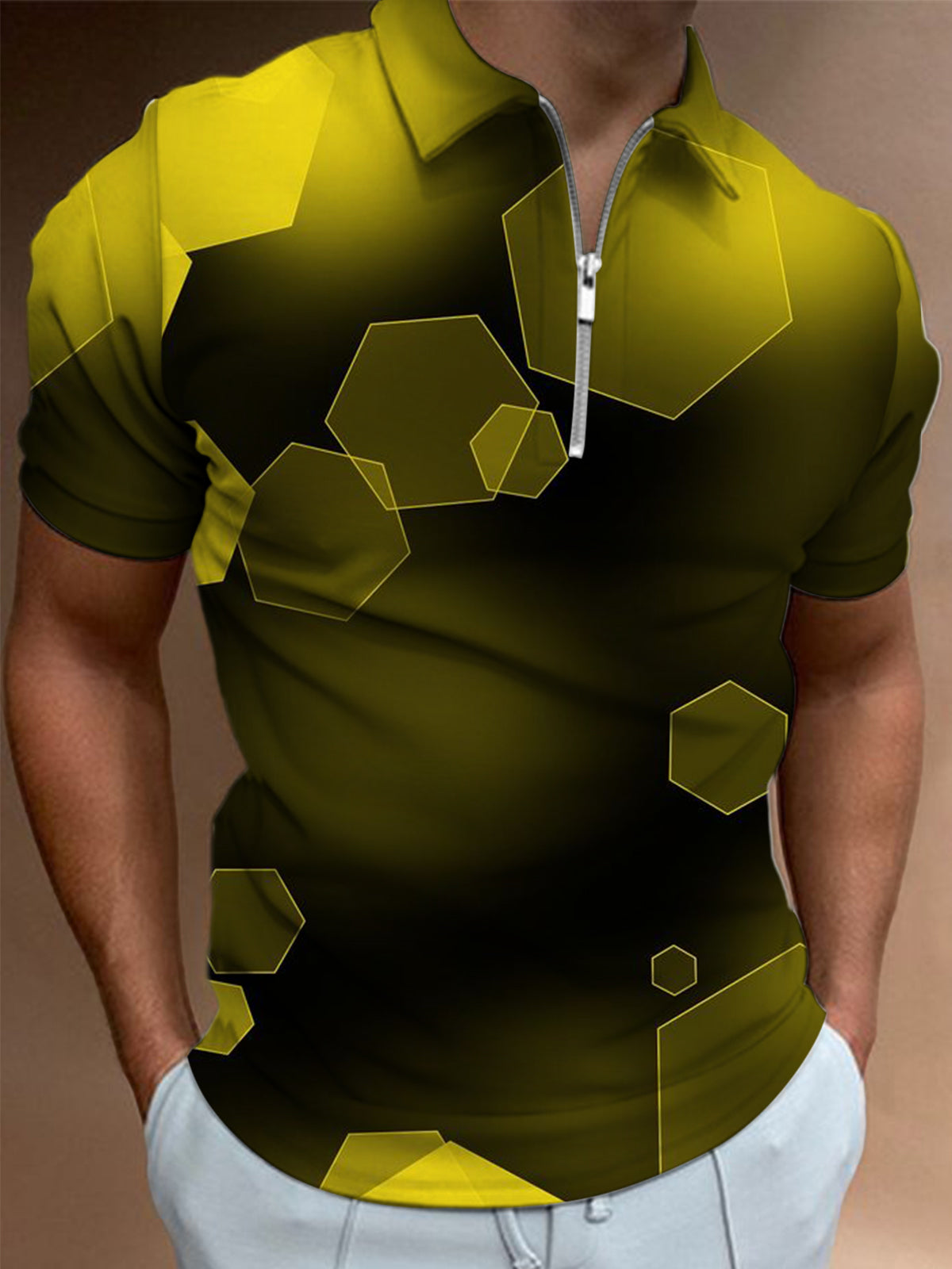 Geometric Print Men's Short Sleeve Zipper Polo