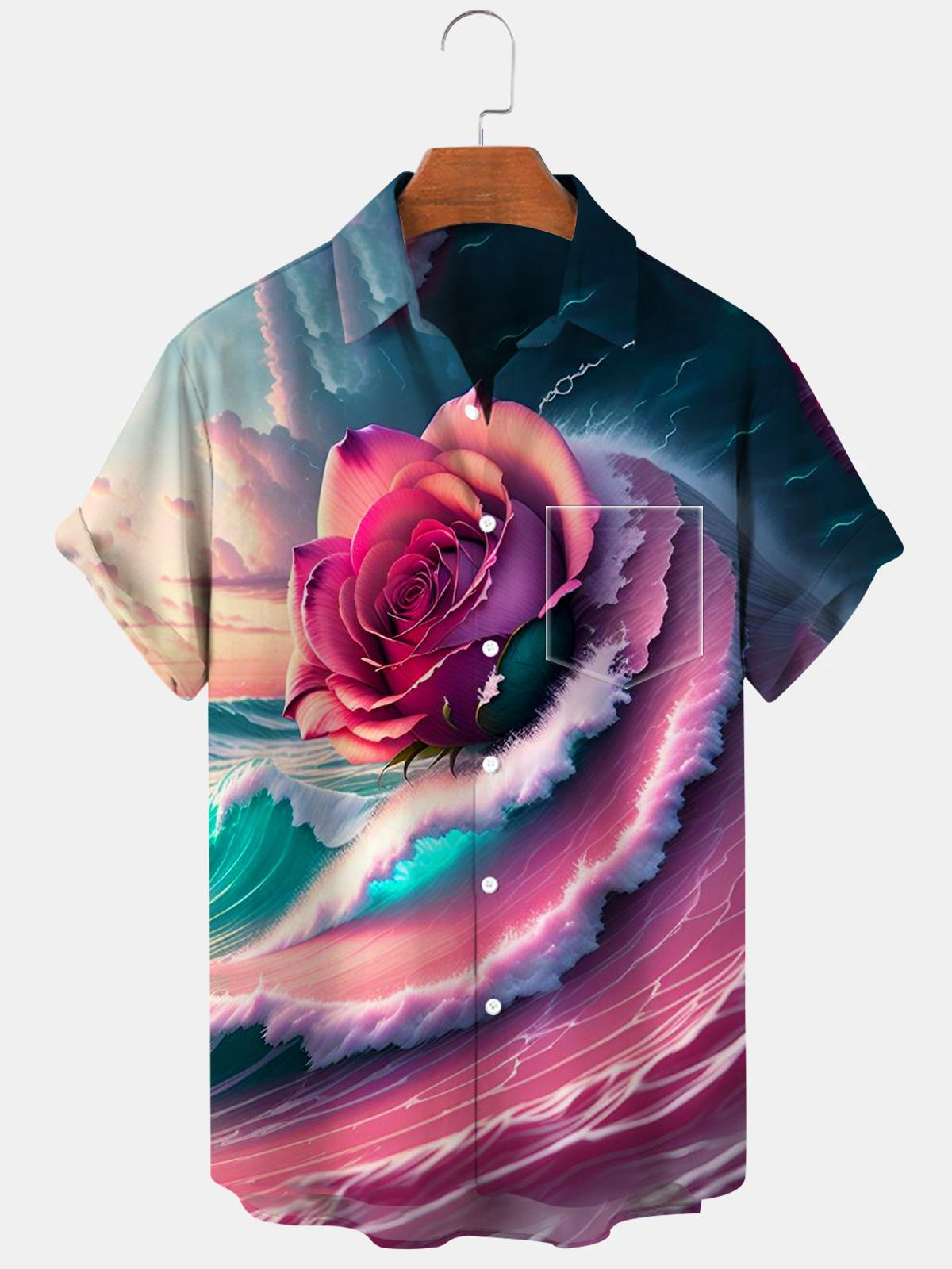 Sea Wave Rose Short Sleeve Men's Shirts With Pocket