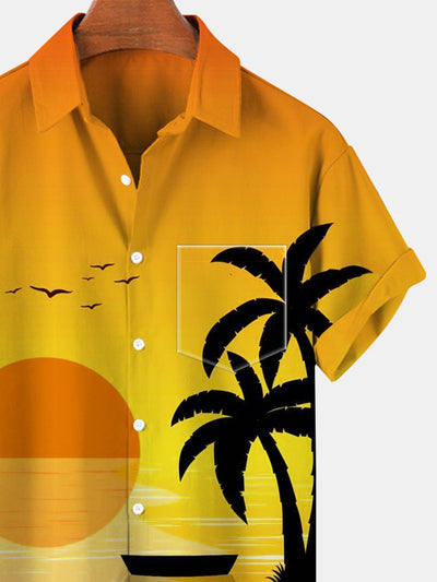 Coconut Tree Sunset Kurzarm Herrenhemden mit Tasche