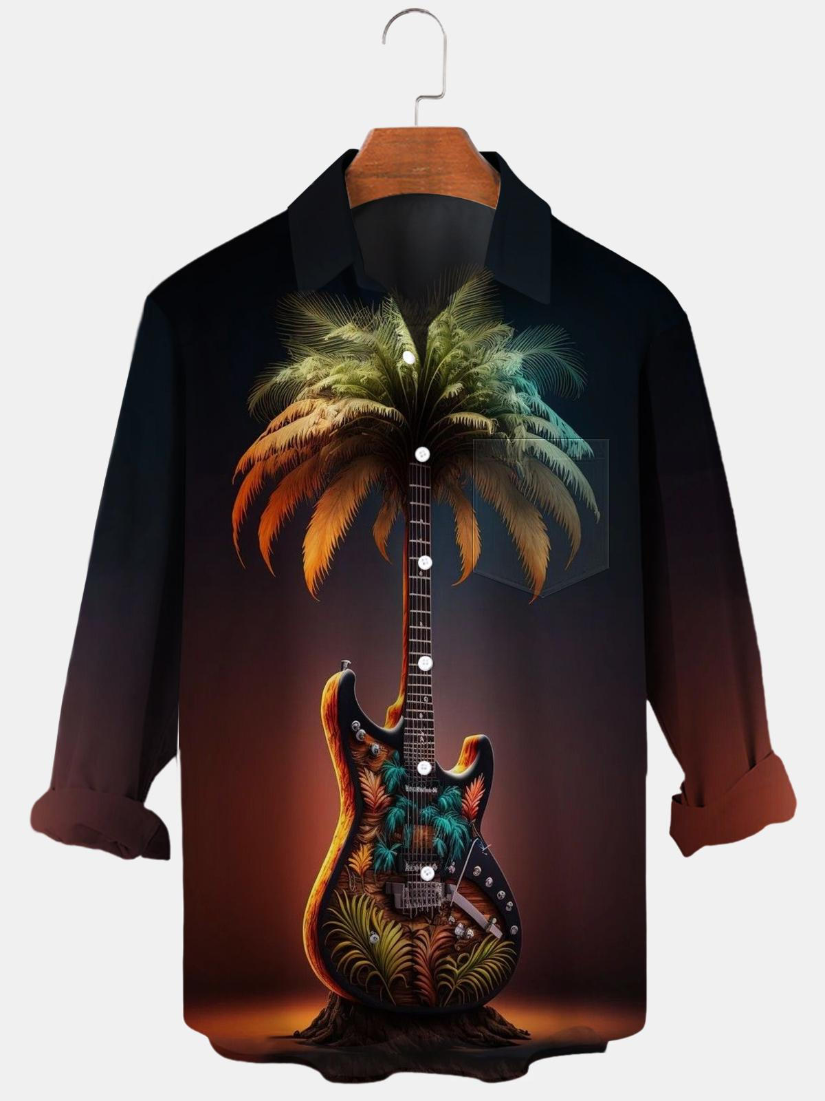 Guitar Coconut Tree Long Sleeve Men's Shirts With Pocket