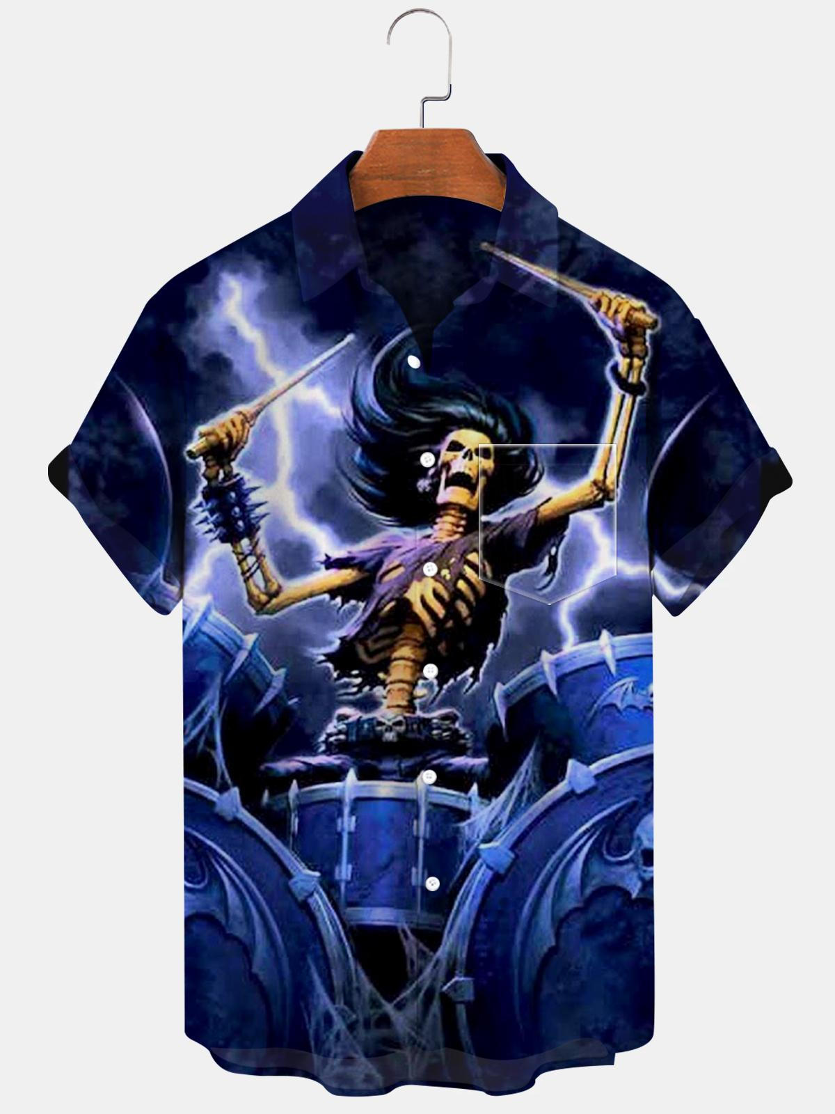 Skull Drummer Short Sleeve Men's Shirts With Pocket