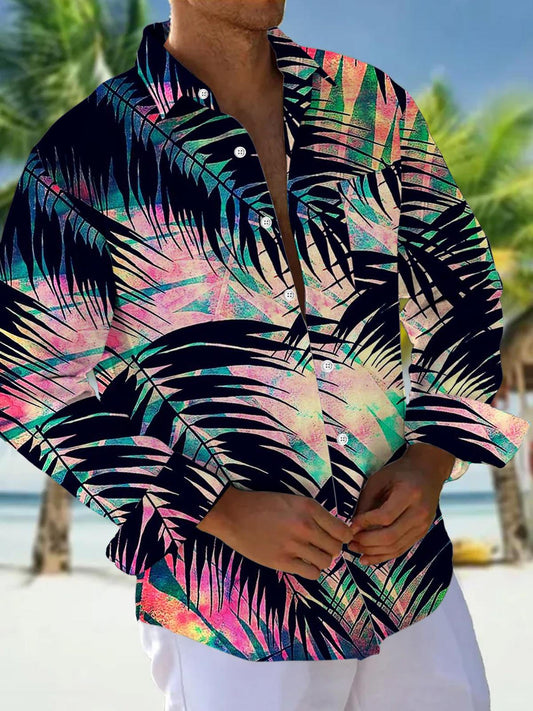Botanical Print Long Sleeve Men's Shirts With Pocket