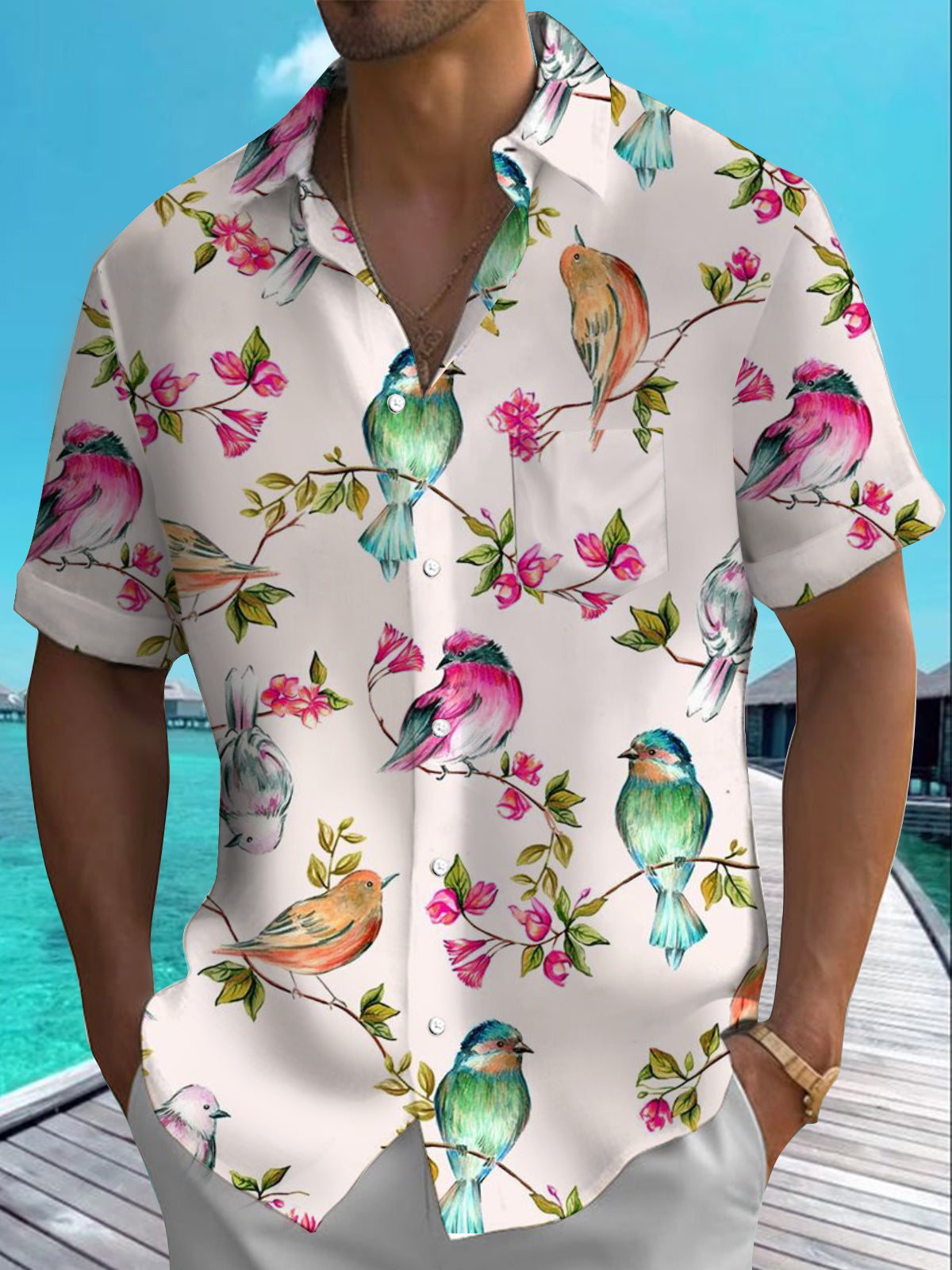 Floral Bird Print Short Sleeve Men's Shirts With Pocket