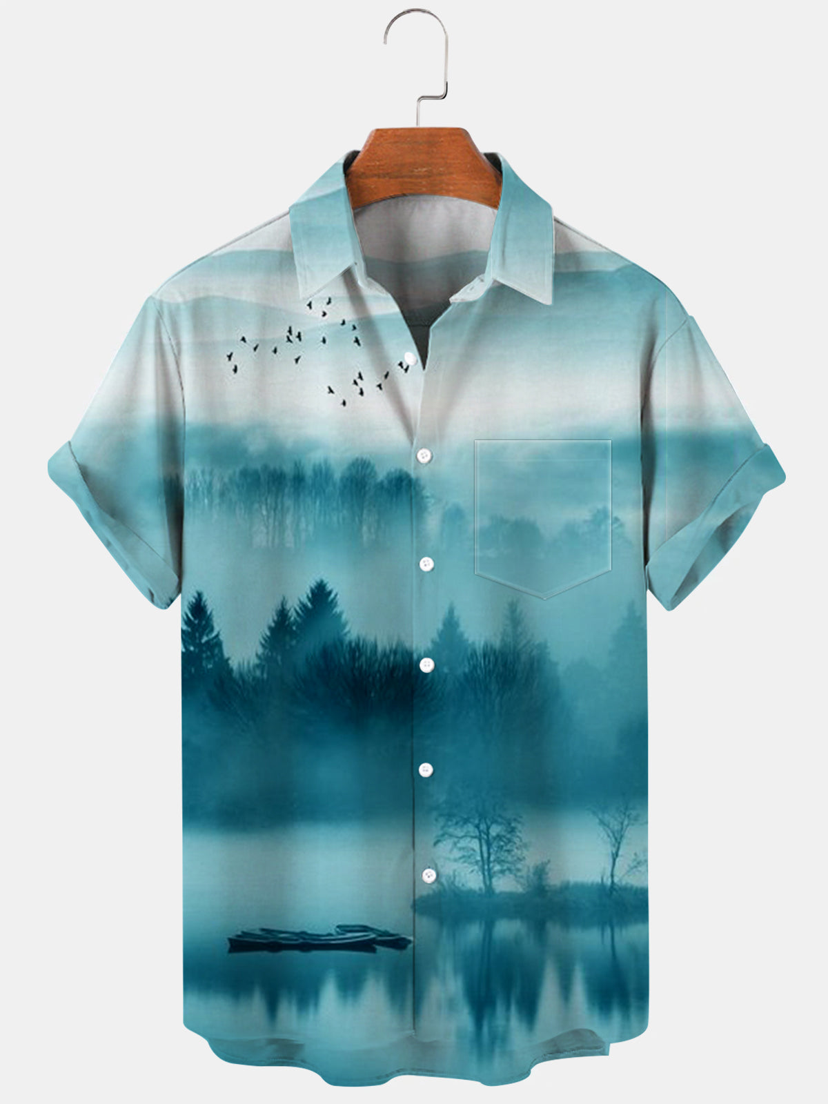 Forest Lake Print Short Sleeve Men's Shirts With Pocket