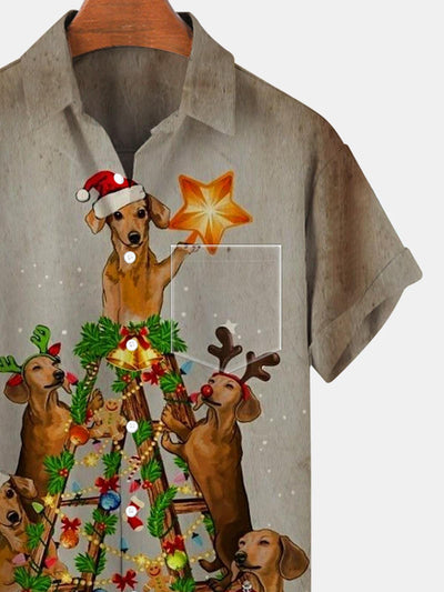 Christmas Tree Dog Short Sleeve Men's Shirts With Pocket