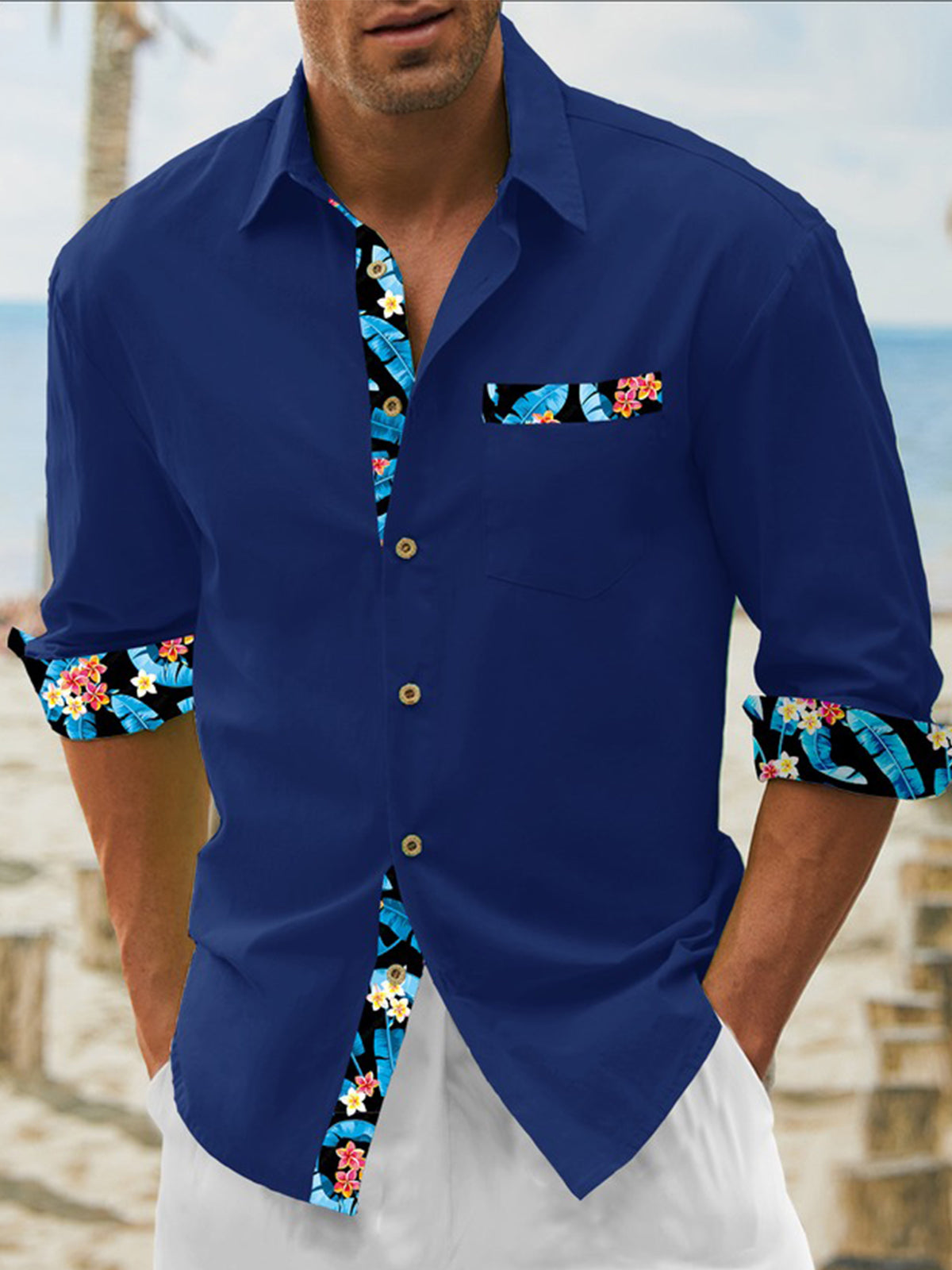 Contrast Floral Print Long Sleeve Men's Shirts With Pocket