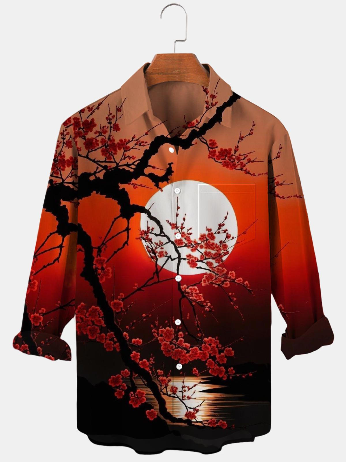 Flower Moon Long Sleeve Men's Shirts With Pocket