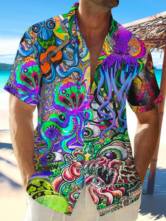 Hippie Octopus Love And Peace Kurzarm Herrenhemden Locker mit Tasche