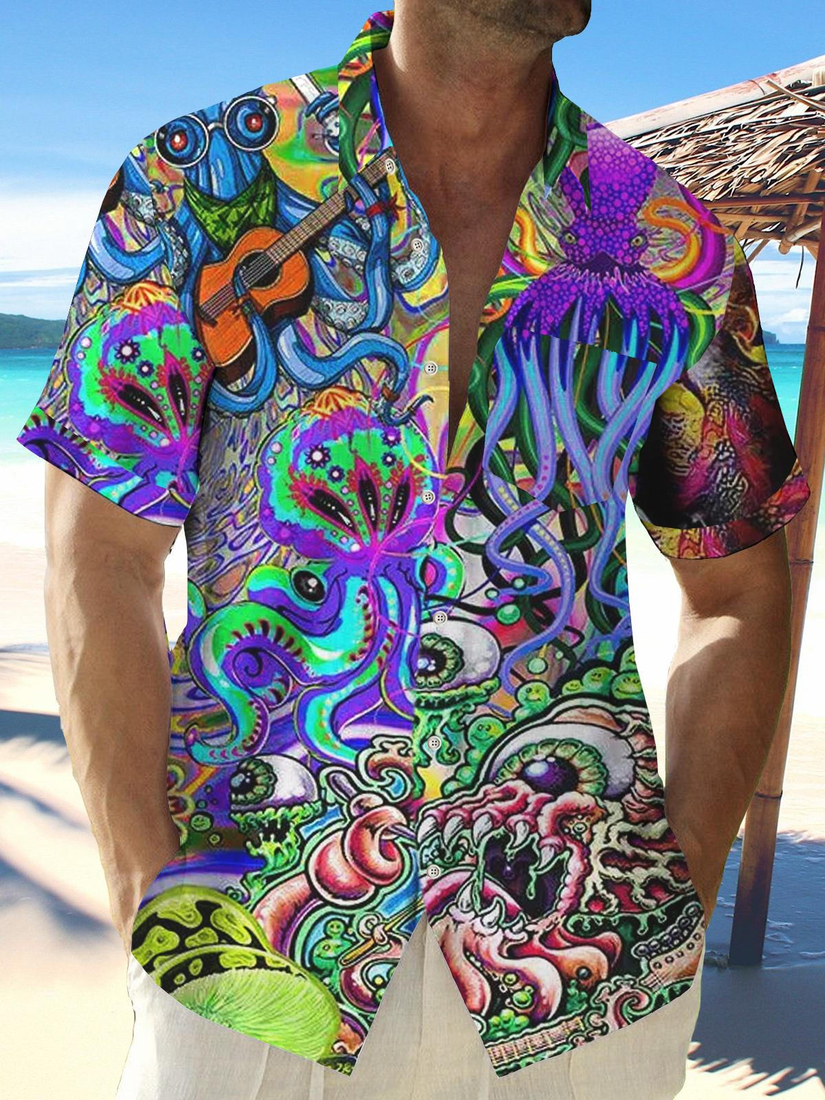 Hippie Octopus Love And Peace Short Sleeve Men's Shirts Loose With Pocket