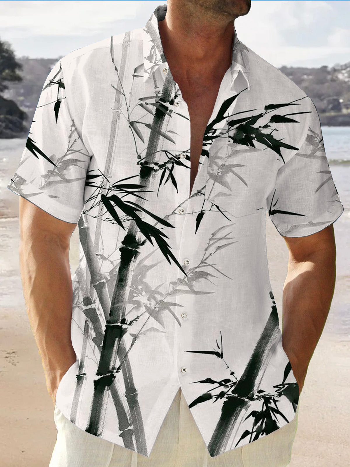 Linen Bamboo Retro Hawaiian Short Sleeve Men's Shirts With Pocket