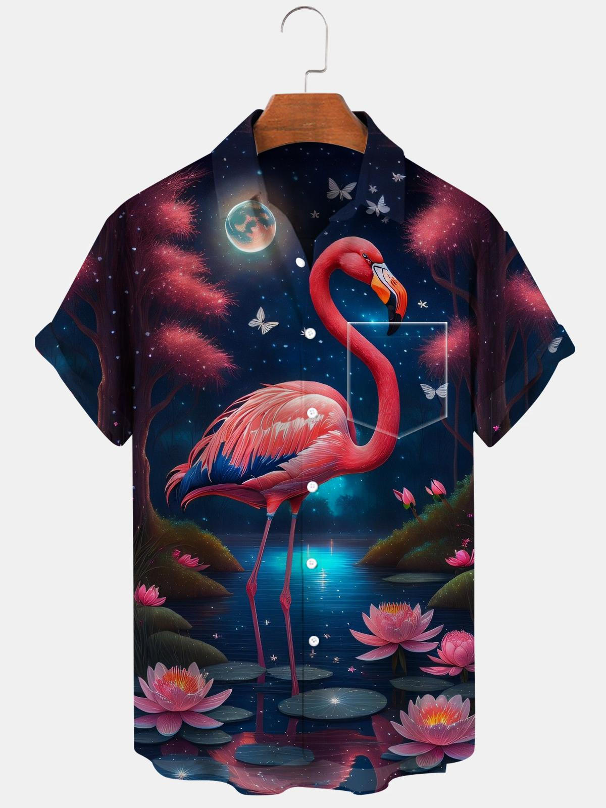 Flamingo Lotus Kurzarm Herrenhemden mit Tasche