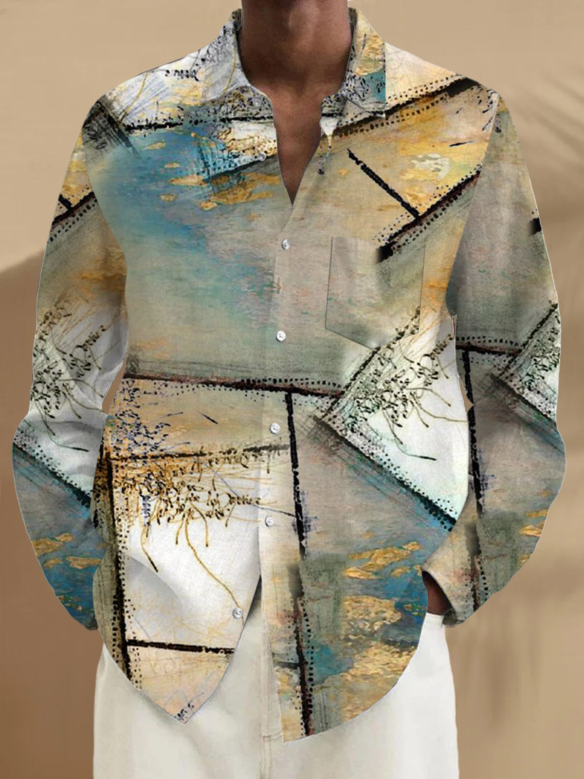 Abstract Print Long Sleeve Men's Shirts With Pocket