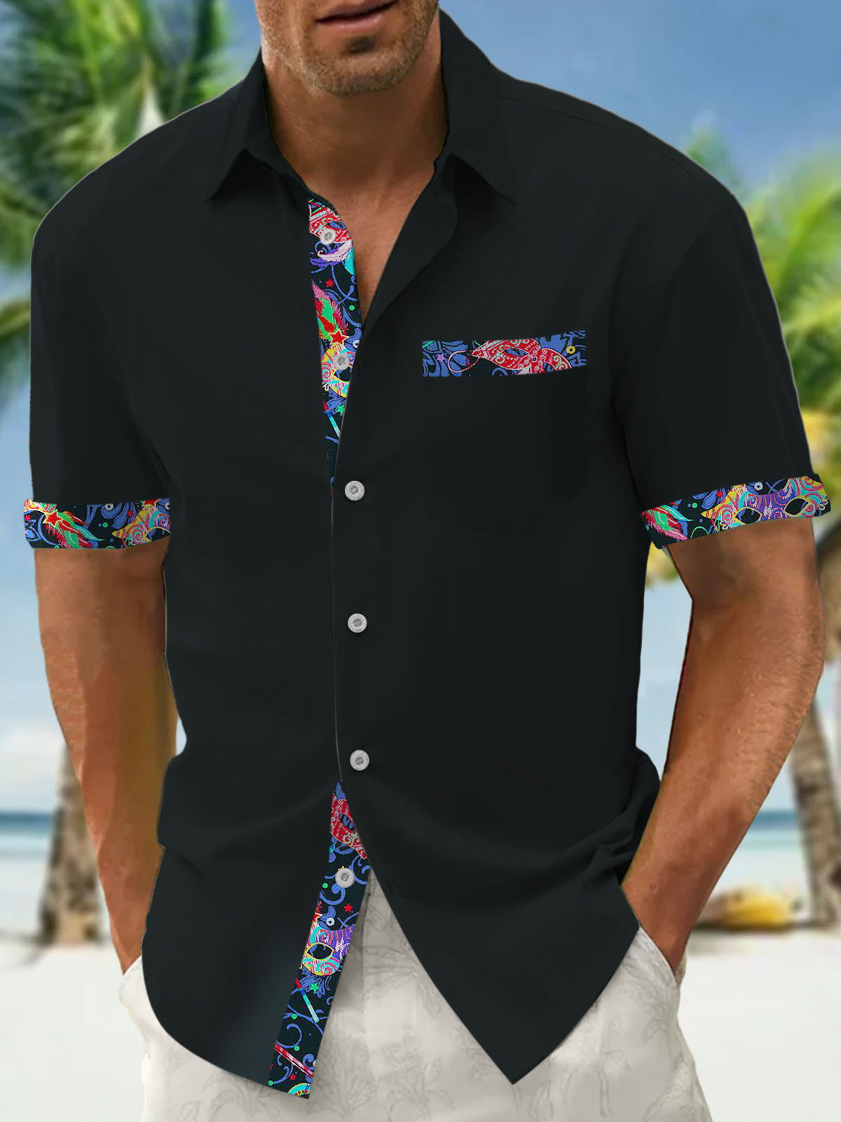 Carnival Print Short Sleeve Men's Shirts With Pocket