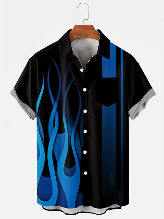 Kurzarm-Herrenhemden mit Vintage-Streifen und blauem Feuer- und Flammenmuster und Tasche