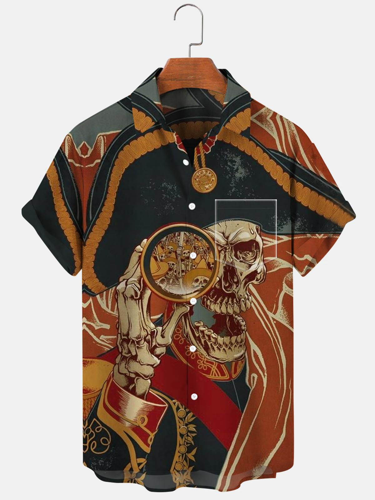 Skull Captain Short Sleeve Men's Shirts With Pocket