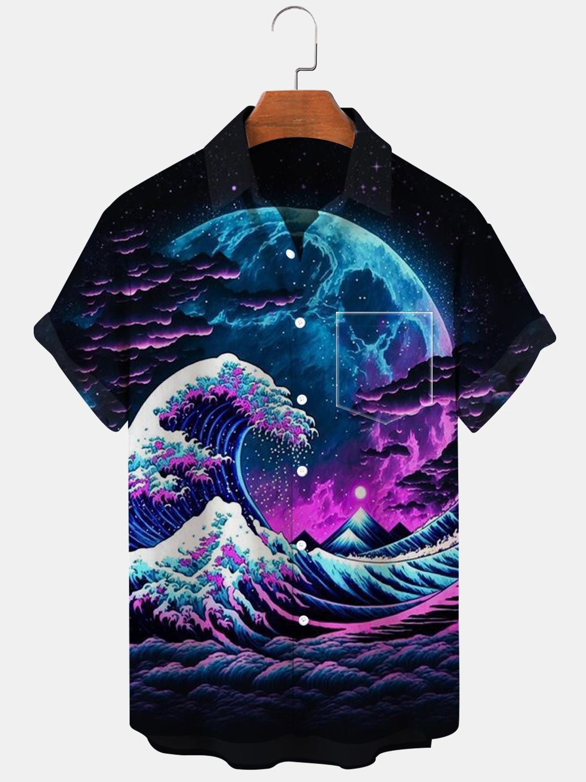 Sea Wave Moon Short Sleeve Men's Shirts With Pocket