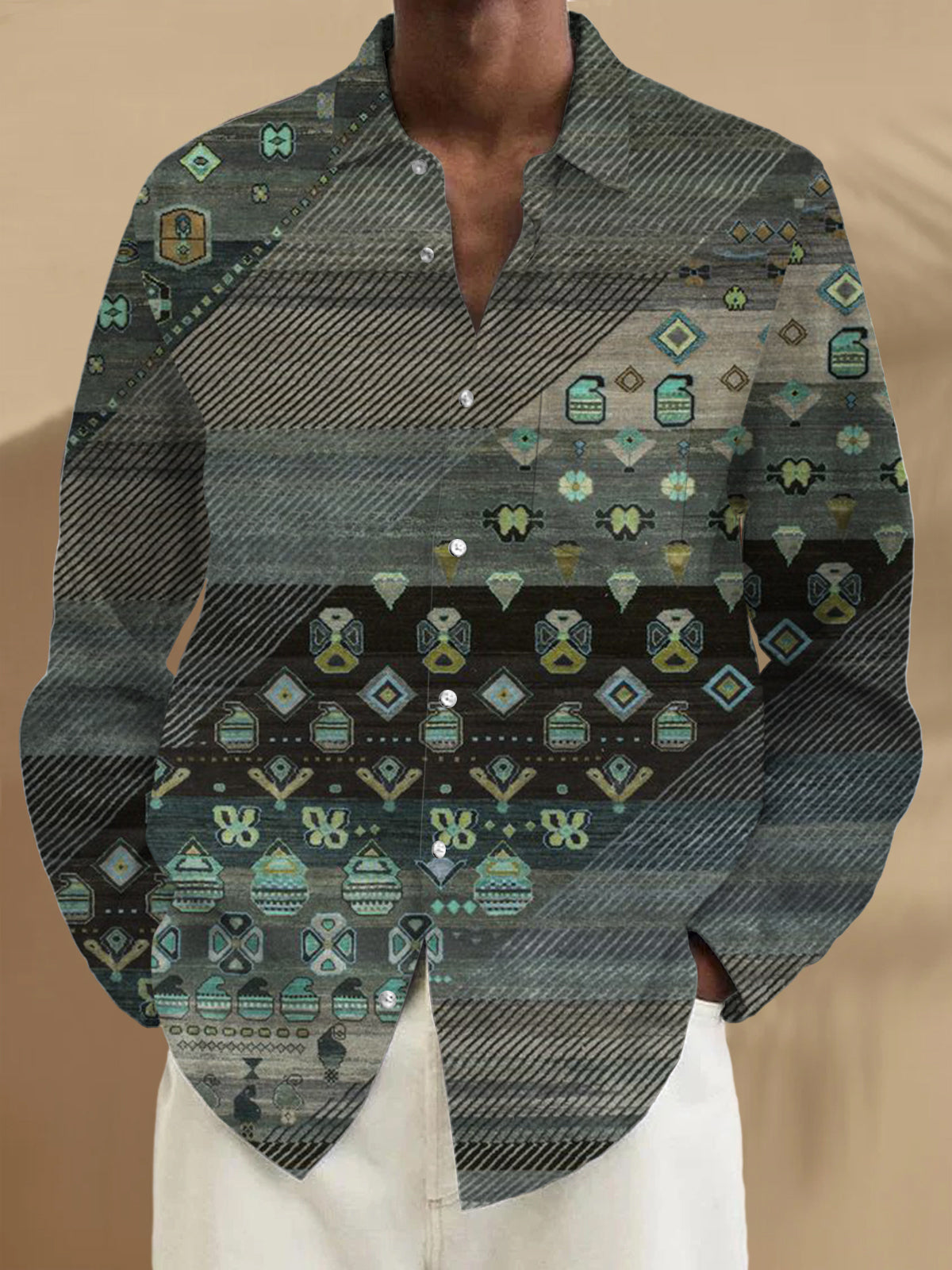 Retro Geometric Print Long Sleeve Men's Shirts With Pocket